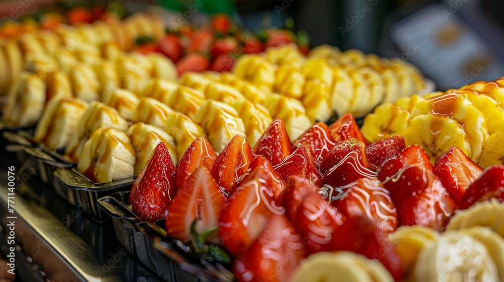 Poster a colorful display of bananas pineapples and strawberries drizzled with syrup ai generated illustrat