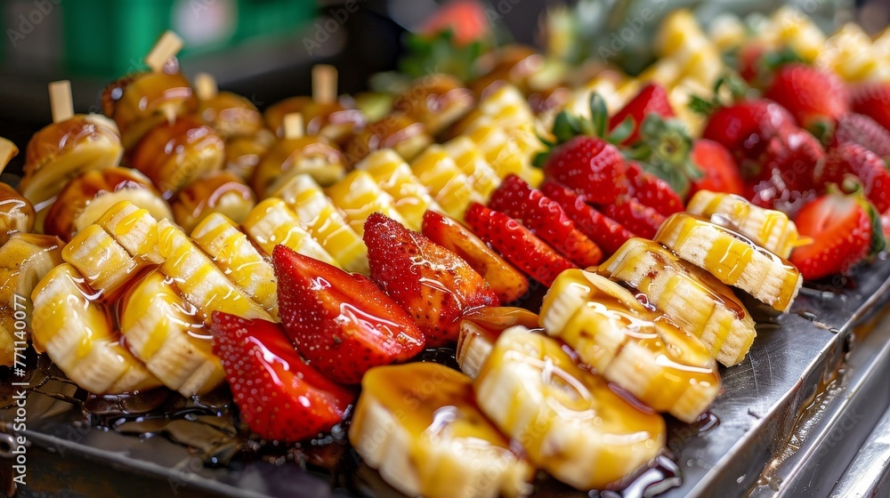 Aufkleber a colorful display of bananas pineapples and strawberries drizzled with syrup raw ai generated illus
