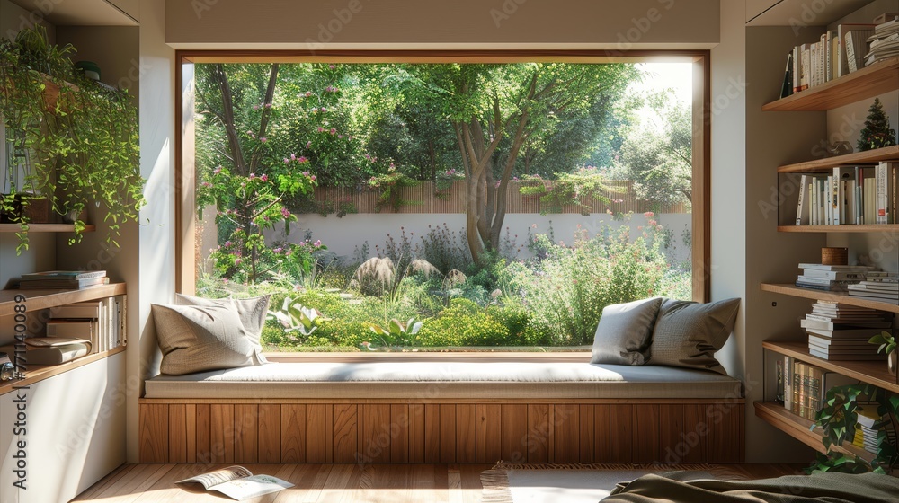 Poster a cozy reading nook with a built-in window seat and a view of a peaceful garden ai generated illustr