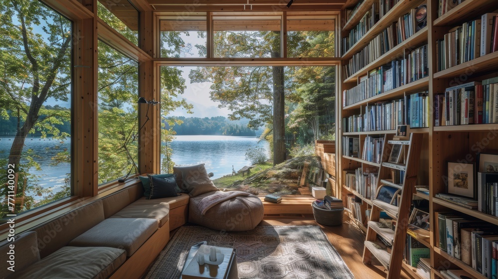 Poster a cozy reading nook with a floor-to-ceiling bookshelf and a view of a tranquil lake ai generated ill