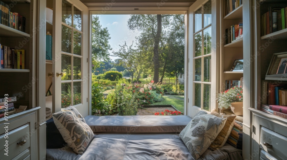 Poster a cozy reading nook with a built-in window seat and a view of a peaceful garden ai generated illustr