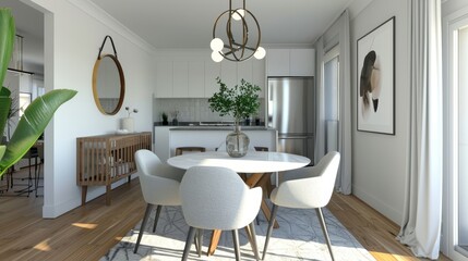 A chic dining room with modern furniture and a stylish light fixture  AI generated illustration