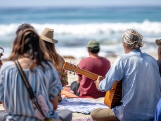 Beachside meditation retreat, Earth Day peace, ocean sounds, participants in harmony