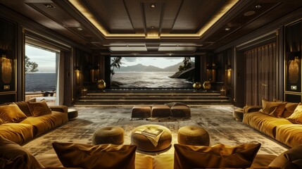 A luxurious home theater with wall-to-wall screens and plush velvet seating  AI generated illustration - obrazy, fototapety, plakaty