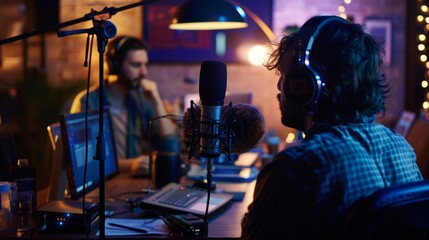Podcast Studio Vibes Cinematic shots of podcast hosts and guests recording in-studio capturing the intimate atmosphere and behind-the-scenes interac  AI generated illustration