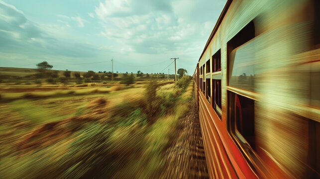 Rural Train Journey Detailed photographs of trains passing through rural landscapes with intentional blur conveying the movement and speed of the lo  AI generated illustration