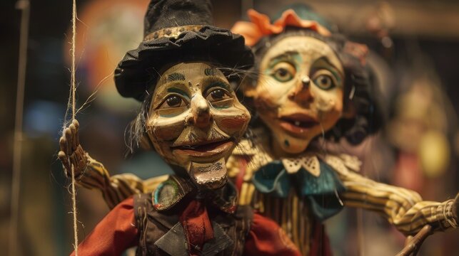 Whimsical Puppetry Cinematic shots of puppet shows and puppeteers bringing characters to life with intricate marionettes and captivating performance  AI generated illustration