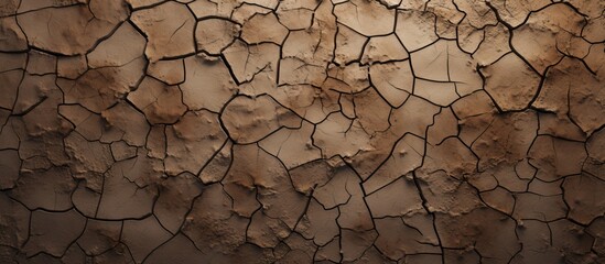 A detailed closeup of a weathered stone wall reveals a pattern of cracked rocks, resembling cobblestones. The brown hues blend with the soil and wood elements in the background - obrazy, fototapety, plakaty