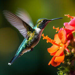 A close-up of a hummingbird hovering near a flower 