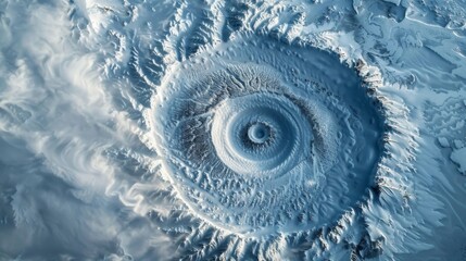 frigid arctic expanse dotted with snowcovered peaks and valleys photographed from a satellite with an intense swirling center that resembles a frozen hurricane.