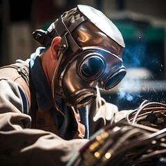 A close-up of a welder working on a metal sculpture