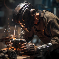 A close-up of a welder working on a metal sculpture