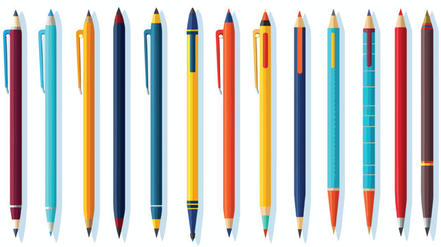 Flat vector set of colorful pens and pencils. Stati
