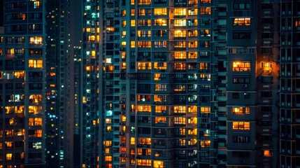 As night falls the illuminated windows of towering apartment complexes and office buildings create a mesmerizing sight in the midst of the concrete jungle.