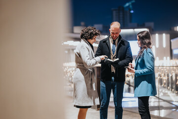 A group of three smiling business colleagues engaged in a discussion, using a digital tablet during...