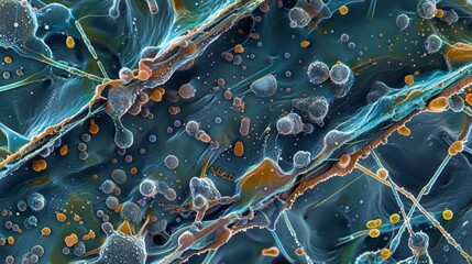 A microscopic view of a biofilm on a surgical instrument reveals a complex structure made up of layers of different bacteria. Some