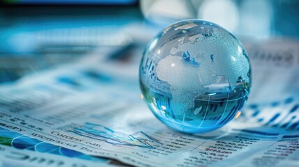 A macro photograph of a crystal clear globe on a financial newspaper representing global business strategies