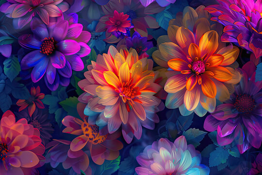 Floral Symphony: Vibrant Oil Painting of Colorful Garden Flowers. Detailed Chrysanthemums and Dahlias in Close-Up View, Capturing Intricate Petals and Vibrant Colors. Fantasy Illustration Style.