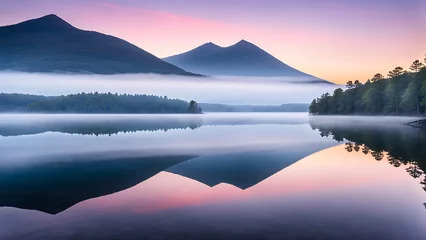 Keuken spatwand met foto Beautiful morning landscape of lake and mountains in the morning mist. © Maule