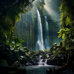 A majestic waterfall in a lush tropical rainforest