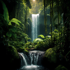 A majestic waterfall in a lush tropical rainforest - obrazy, fototapety, plakaty