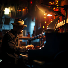 A musician playing an instrument in a dimly lit jazz club