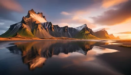 Tuinposter Vestrahorn mountaine on Stokksnes cape in Iceland during sunset. Amazing Iceland nature seascape. popular tourist attraction. Best famouse travel locations. Scenic Image of Iceland © ahmad05