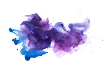 Indigo and violet splashed watercolor paint stain on white backdrop.