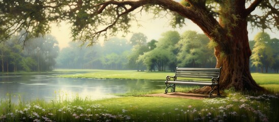 A wooden park bench under a leafy tree by the tranquil lake, surrounded by lush green grass and beautiful natural landscape, offering a peaceful spot for leisure and relaxation - obrazy, fototapety, plakaty