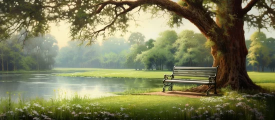  A wooden park bench under a leafy tree by the tranquil lake, surrounded by lush green grass and beautiful natural landscape, offering a peaceful spot for leisure and relaxation © AkuAku