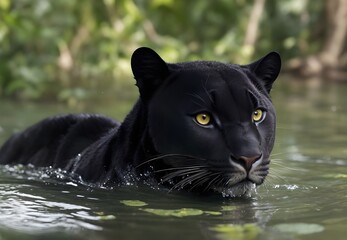 A Black Panther Swimming in a Stream