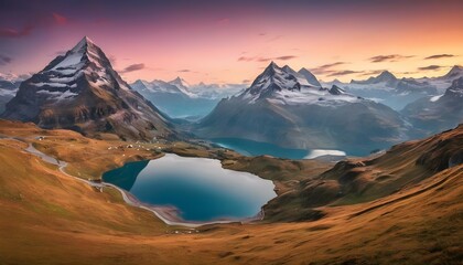 Fantastic evening panorama of Bachalp lake / Bachalpsee, Switzerland. Picturesque autumn sunset in Swiss alps, Grindelwald, Bernese Oberland, Europe. Beauty of nature concept background. - obrazy, fototapety, plakaty