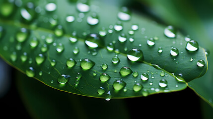 Green leaf with rain drops on it, nature background