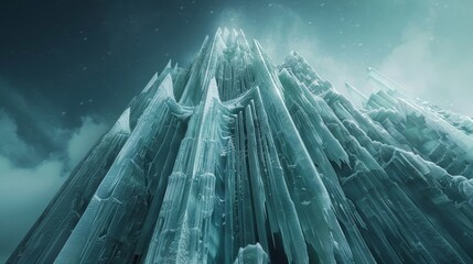 A closeup of a towering ice structure its edges etched with intricate designs and patterns resembling a frozen cathedral of sorts. - obrazy, fototapety, plakaty