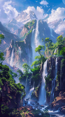 Mountain Waterfall Flowing Through Forest