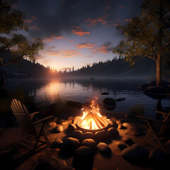 A serene lakeside campsite with a glowing campfire