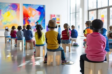 A group of children, sitting on minimalist cylindrical stools, are immersed in a virtual reality experience in a modern, well-lit art gallery.