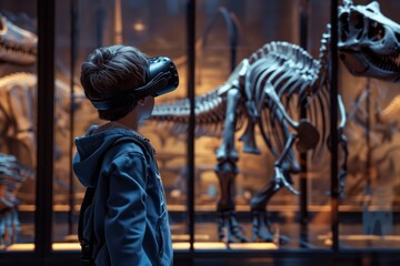 Fototapeta na wymiar A young, curious child is immersed in a prehistoric world through virtual reality, standing in awe before the towering skeletons of ancient dinosaurs on display. 
