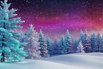 woods at night, snow with colorful sky
