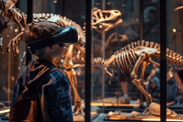 Fototapeta na wymiar A young, curious child is immersed in a prehistoric world through virtual reality, standing in awe before the towering skeletons of ancient dinosaurs on display. 