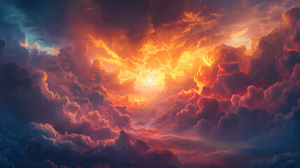 A stunning visual spectacle displaying the sun setting amidst a sea of clouds, painted with fiery orange and red hues