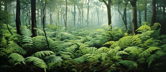Poster A diverse forest landscape dominated by trees, ferns, and groundcover plants has created a lush and green natural environment filled with terrestrial plants © AkuAku