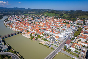Fototapeta na wymiar Maribor, Slovenia - Aerial view above the Slovenian city of Maribor and the Drava River