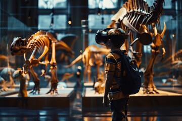 A young, curious child is immersed in a prehistoric world through virtual reality, standing in awe before the towering skeletons of ancient dinosaurs on display.  - obrazy, fototapety, plakaty