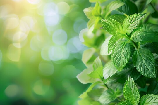 Mint leaves with blurred gradient spring nature background image.