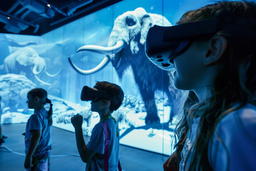 A young, curious child is immersed in a prehistoric world through virtual reality, standing in awe before the towering skeletons of ancient dinosaurs on display.