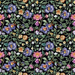 Floral embroidery from knitting wool, seamless pattern.