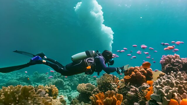 Diver diving in the bottom of the sea with corals, fish and a manta fish. Marine fauna and flora.