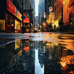 Abstract reflections in a rain-soaked city street.
