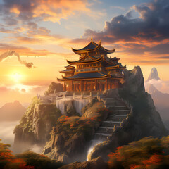 An ancient temple on a mountaintop with a sunset background